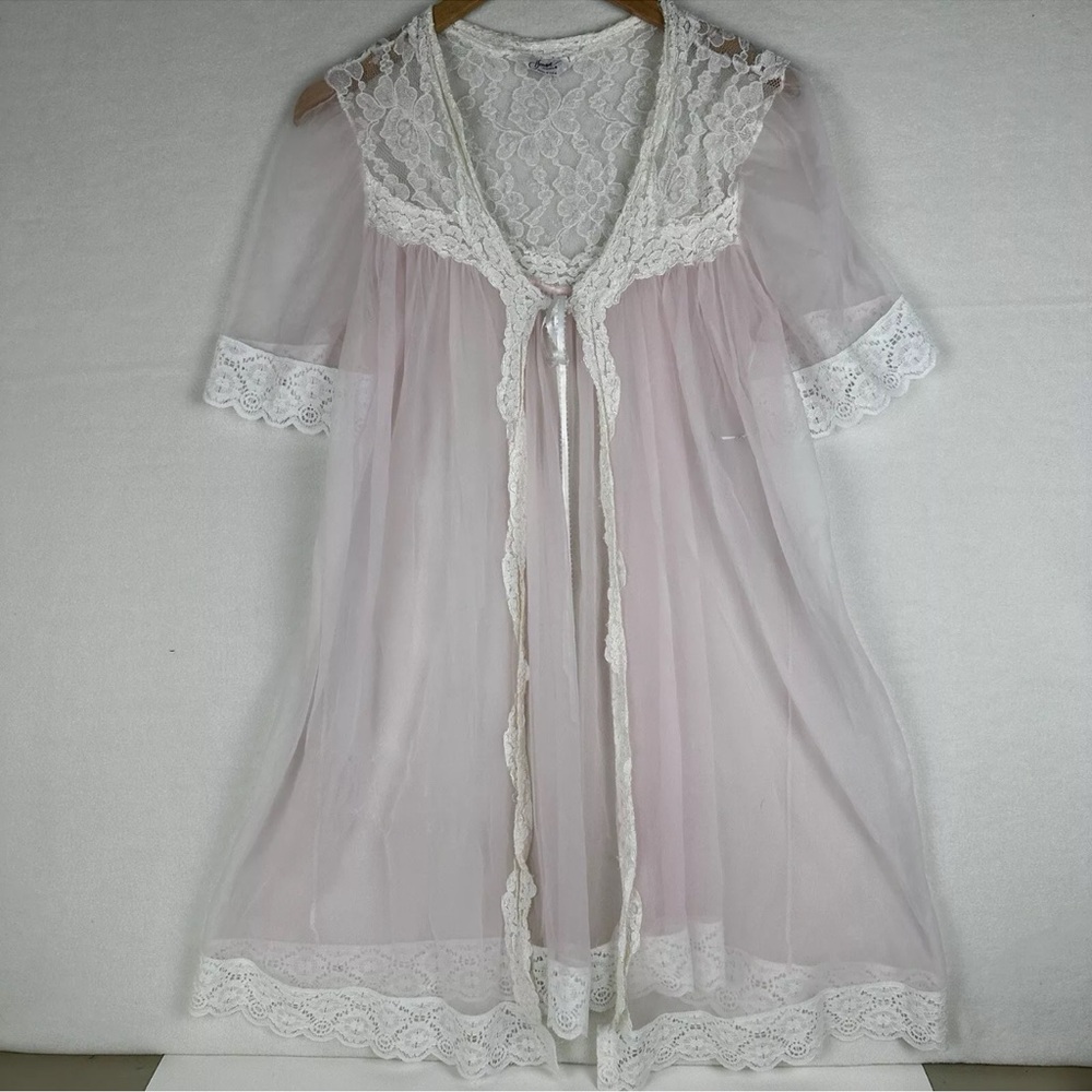 VTG Henson Chiffon Lavish Rose Lace Dressing Robe Women’s Large Baby Pink Bridal
